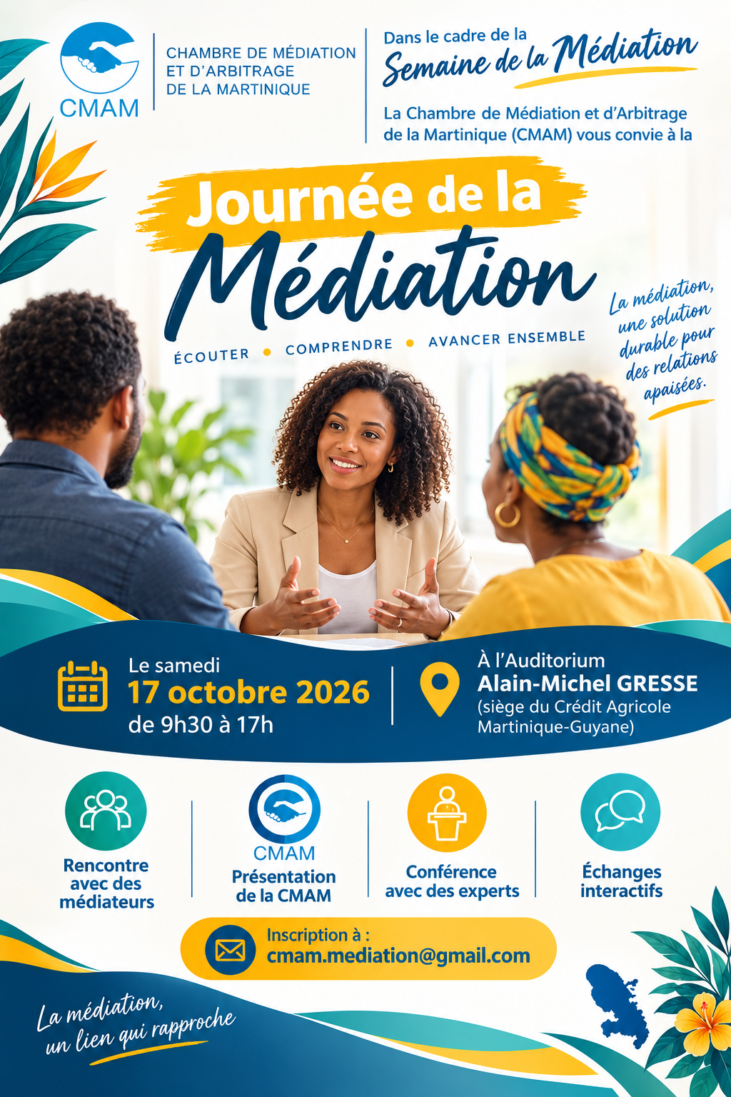 Affiche de la Journée de la Médiation du 17 octobre 2026. Informations pratiques retranscrites sur cette page.